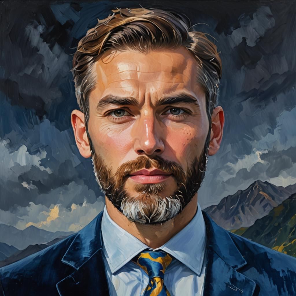 Neo-Impressionist Portrait: Bearded Man in Blue Velvet Suit
