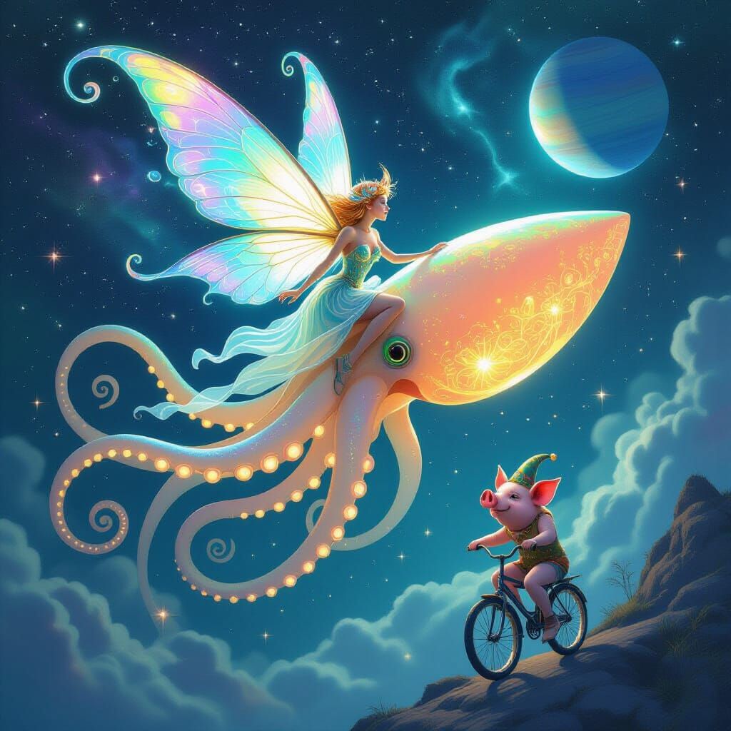 Fairy on Bioluminescent Squid Through Cosmic Nebulae