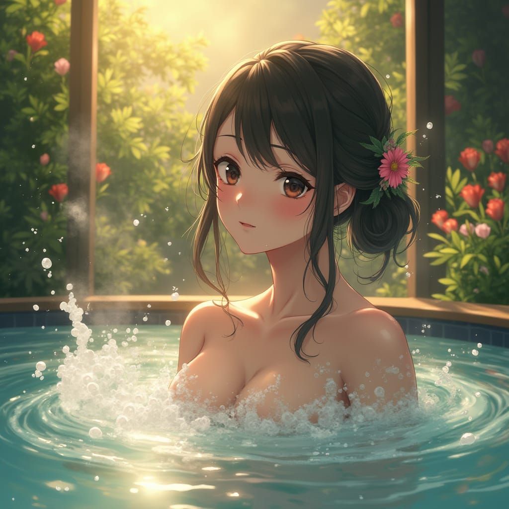 Sensual Anime Onsen Scene with Vibrant Colors and Steamy Det...