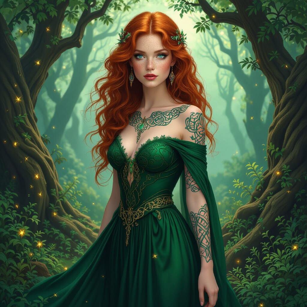 Redhead with Celtic Tattoos in Mystical Forest