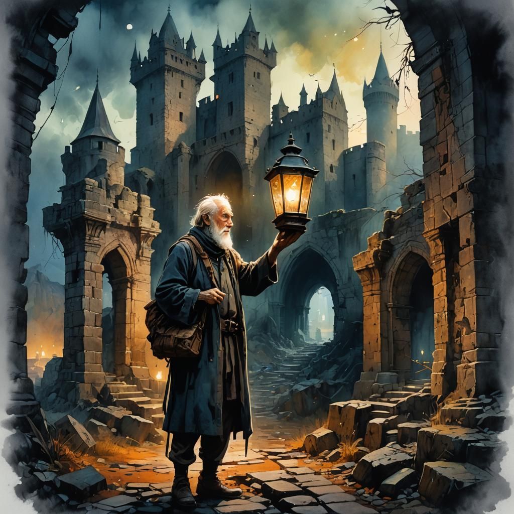 Old Man in Ruined Castle: Macabre Watercolor Art