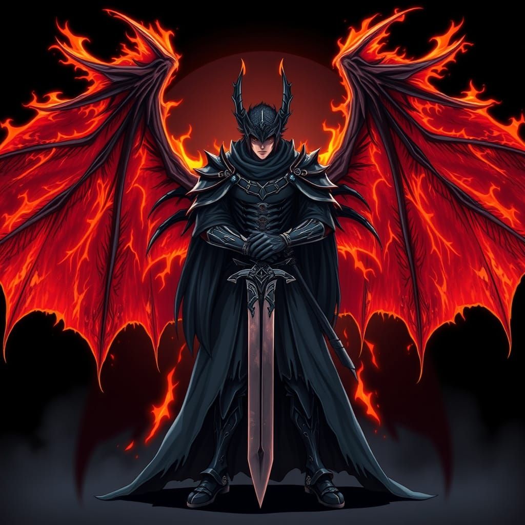 Cyberpunk God King with Flaming Bat Wings and Sword