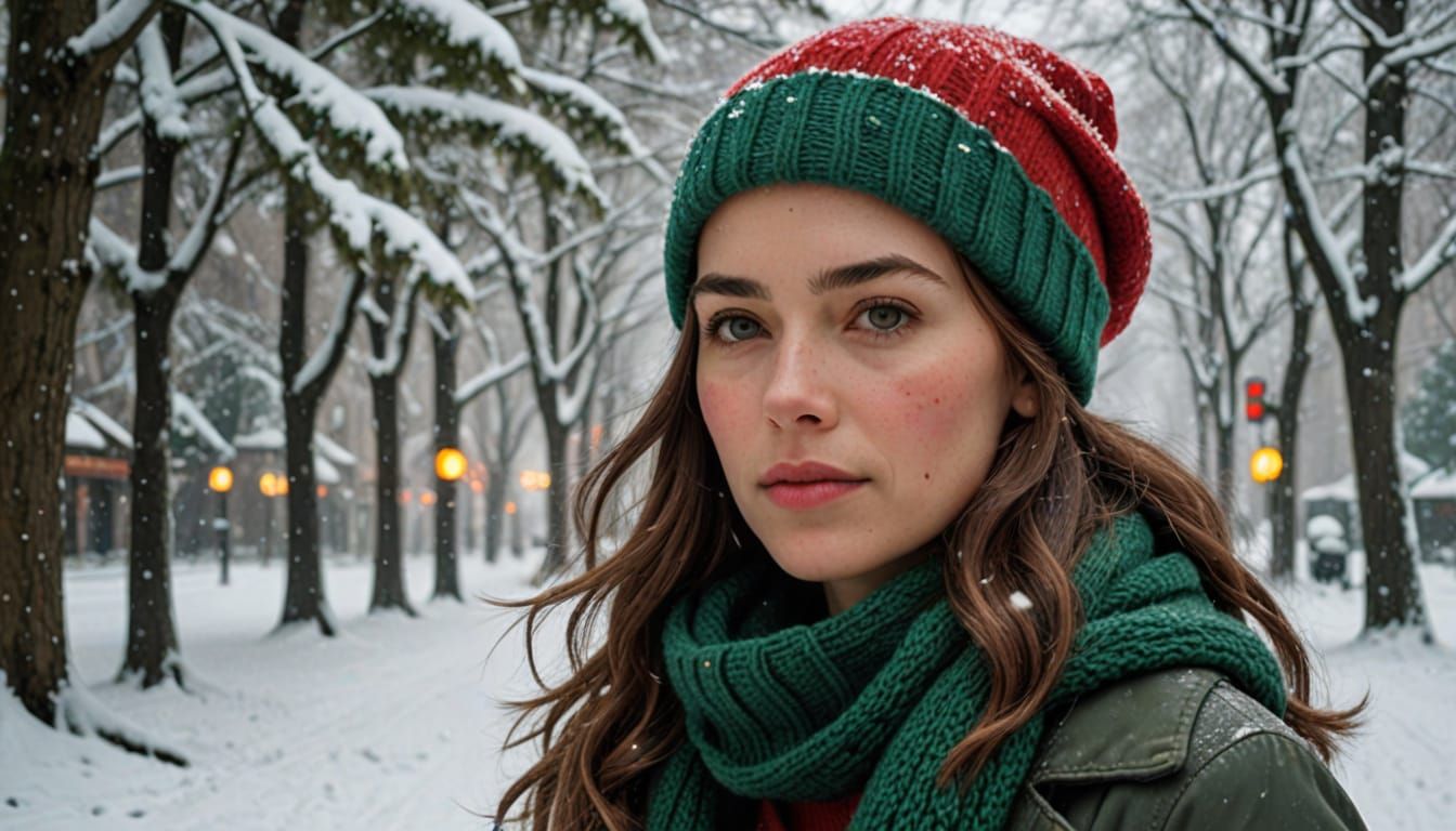 Woman in Red Christmas Hat and Green Scarf in Snow, Photorea...