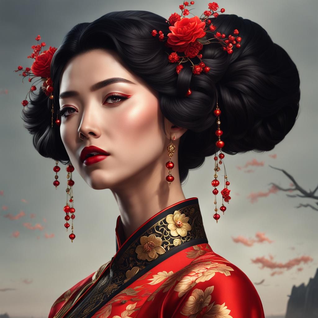 Woman with Horns in Qipao: Fantasy Concept Art