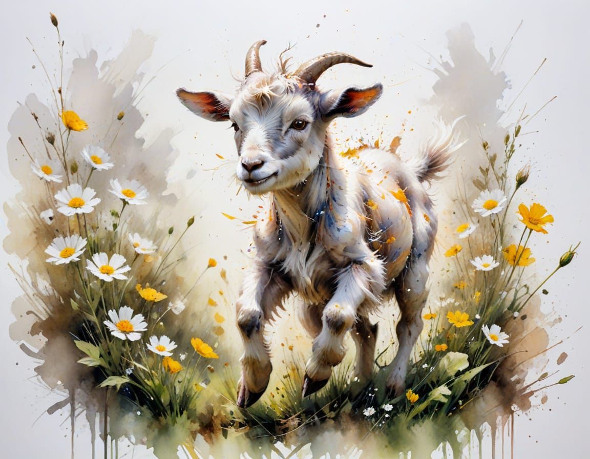Pygmy Goat Kid Leaping in Sunlight: Watercolor Art