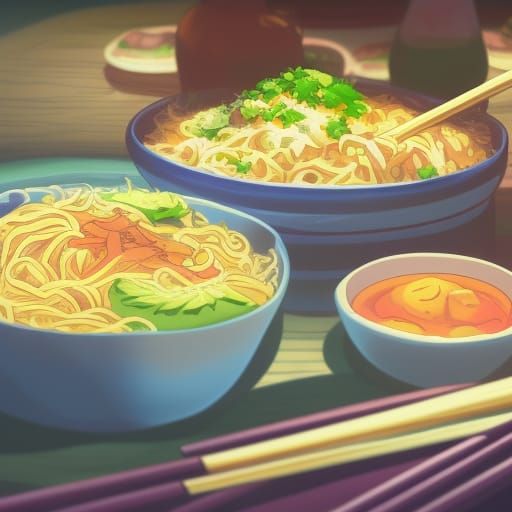 Anime Still Life: Asian Dumplings and Noodles