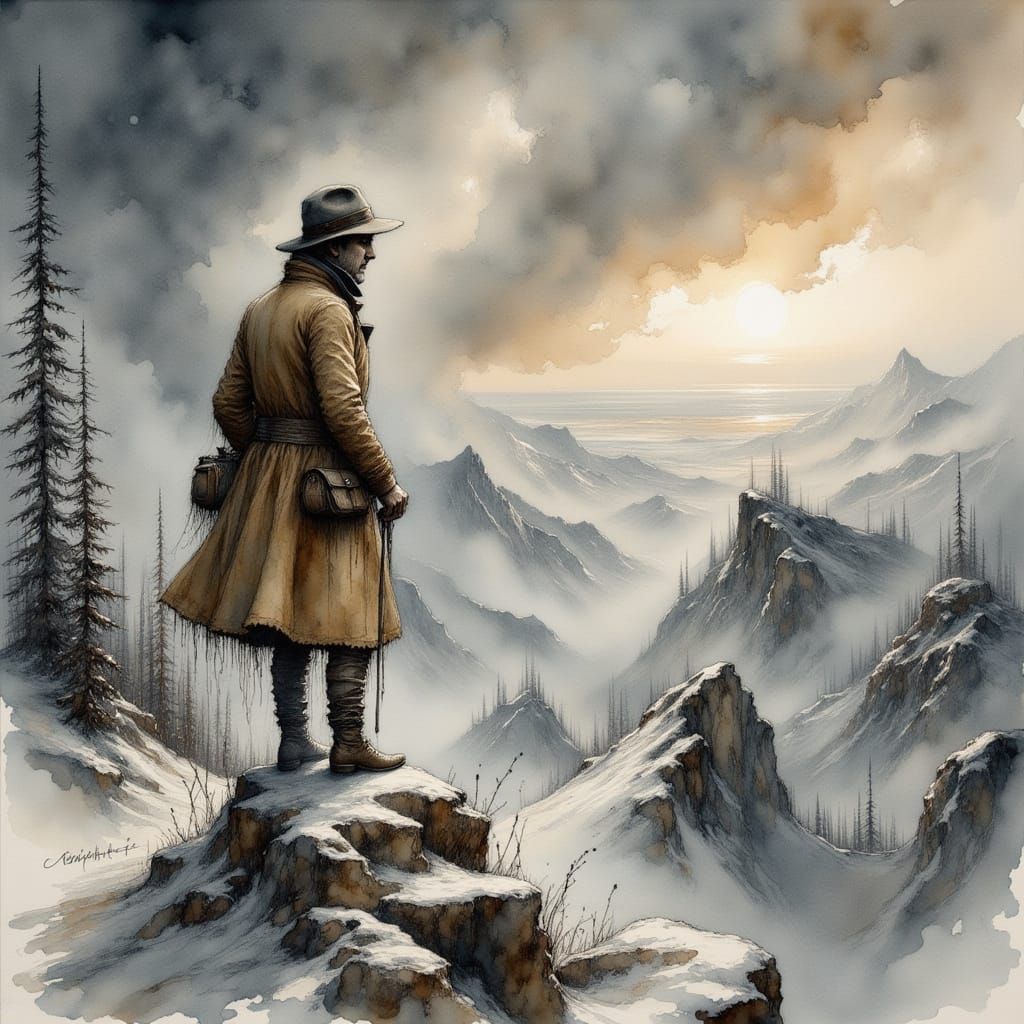 Sherlock Holmes on Snowy Peak in Watercolor Style