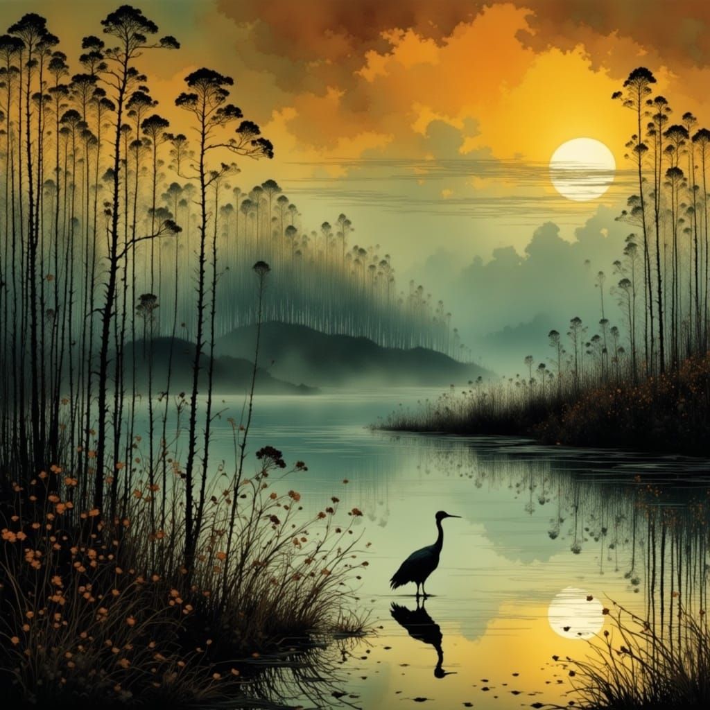 Cranes on Reed Shore in Graphic Style