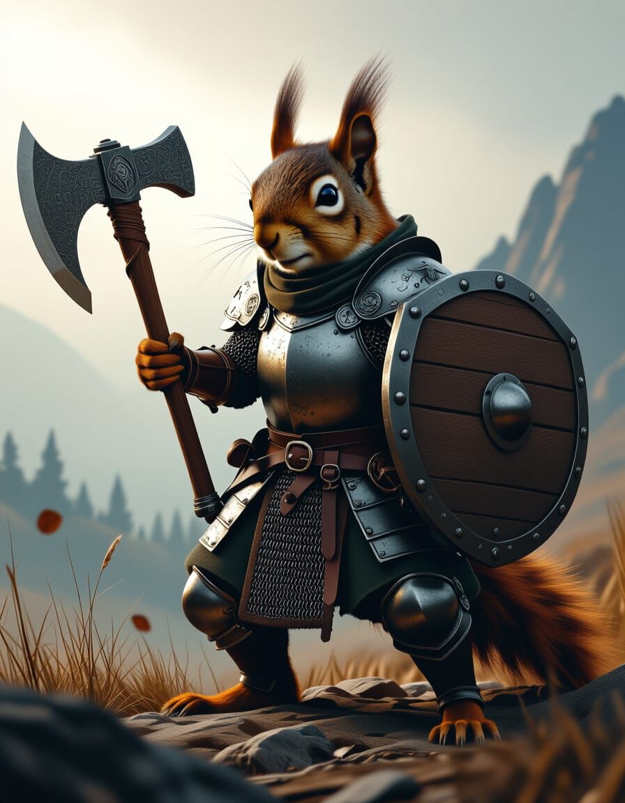 Heroic Armored Squirrel with Axe and Shield