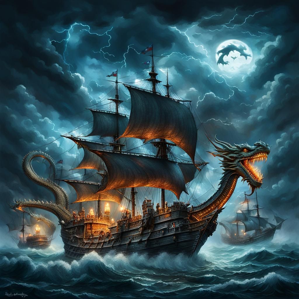 Dragon Cloud Spitting Fire on Pirate Ship