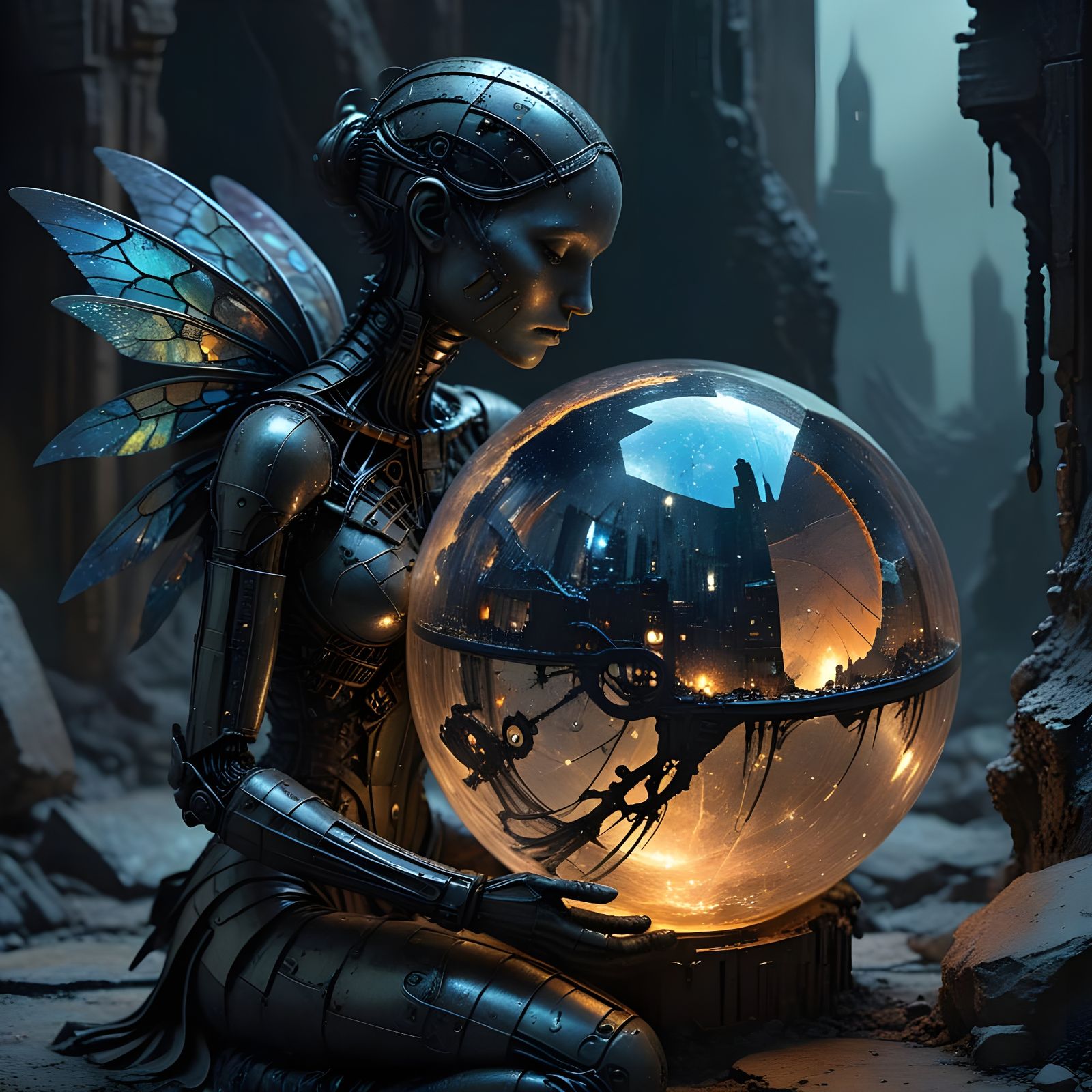 Clockwork Figure Gazing into Beetle Wing City