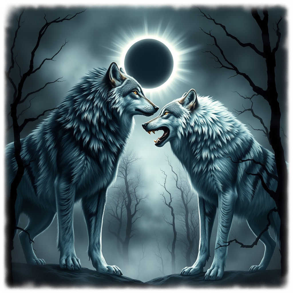 Wolves Standoff Under Eerie Eclipse, Digital Painting