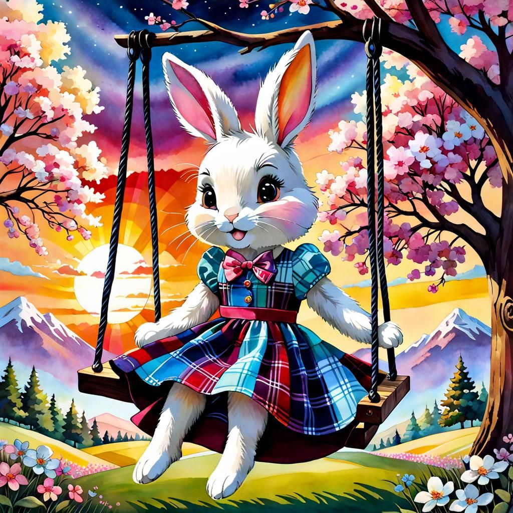 Patchwork Fabric Bunny on a Swing at Sunset