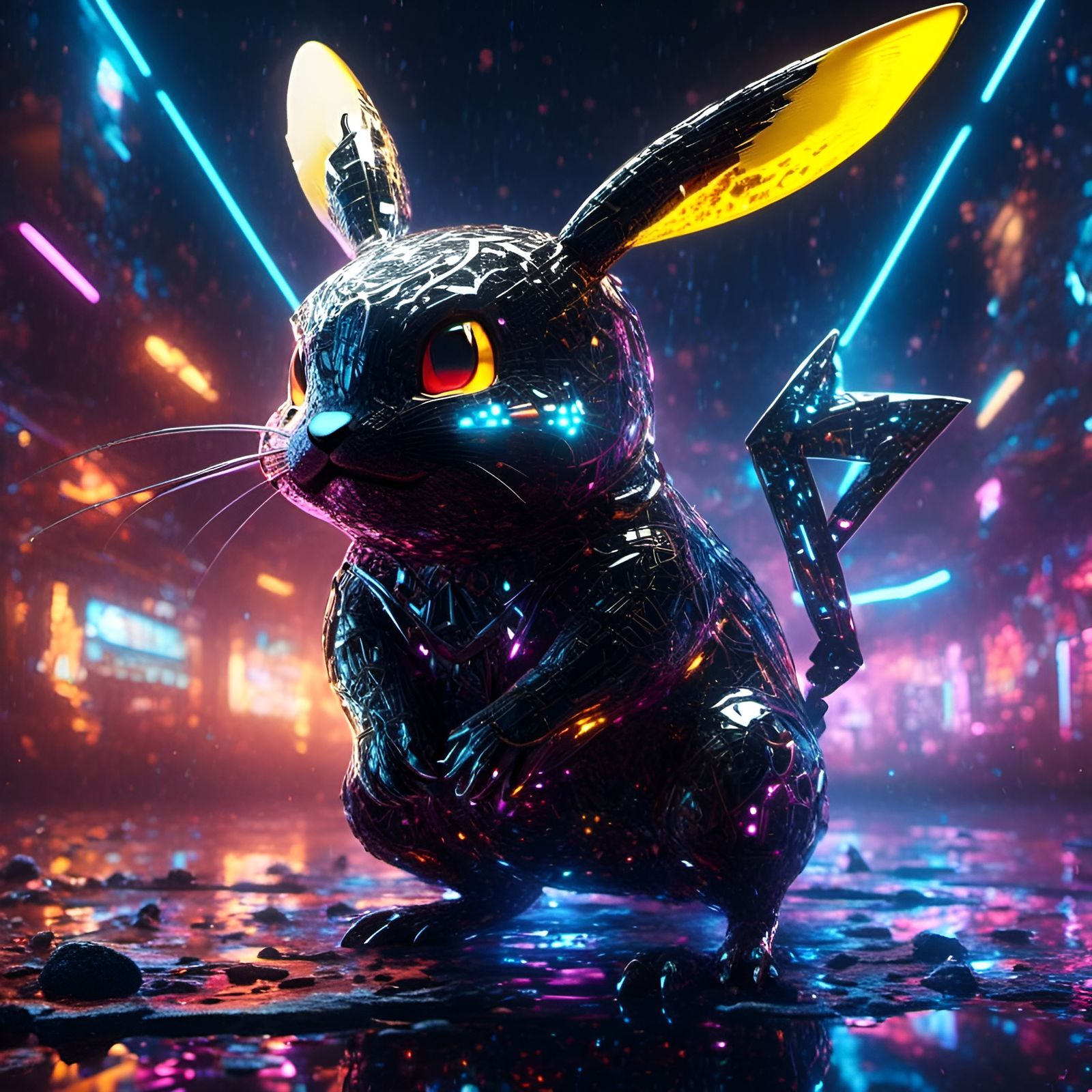 Ornate Neon Pikachu Portrait in Cyberpunk Style