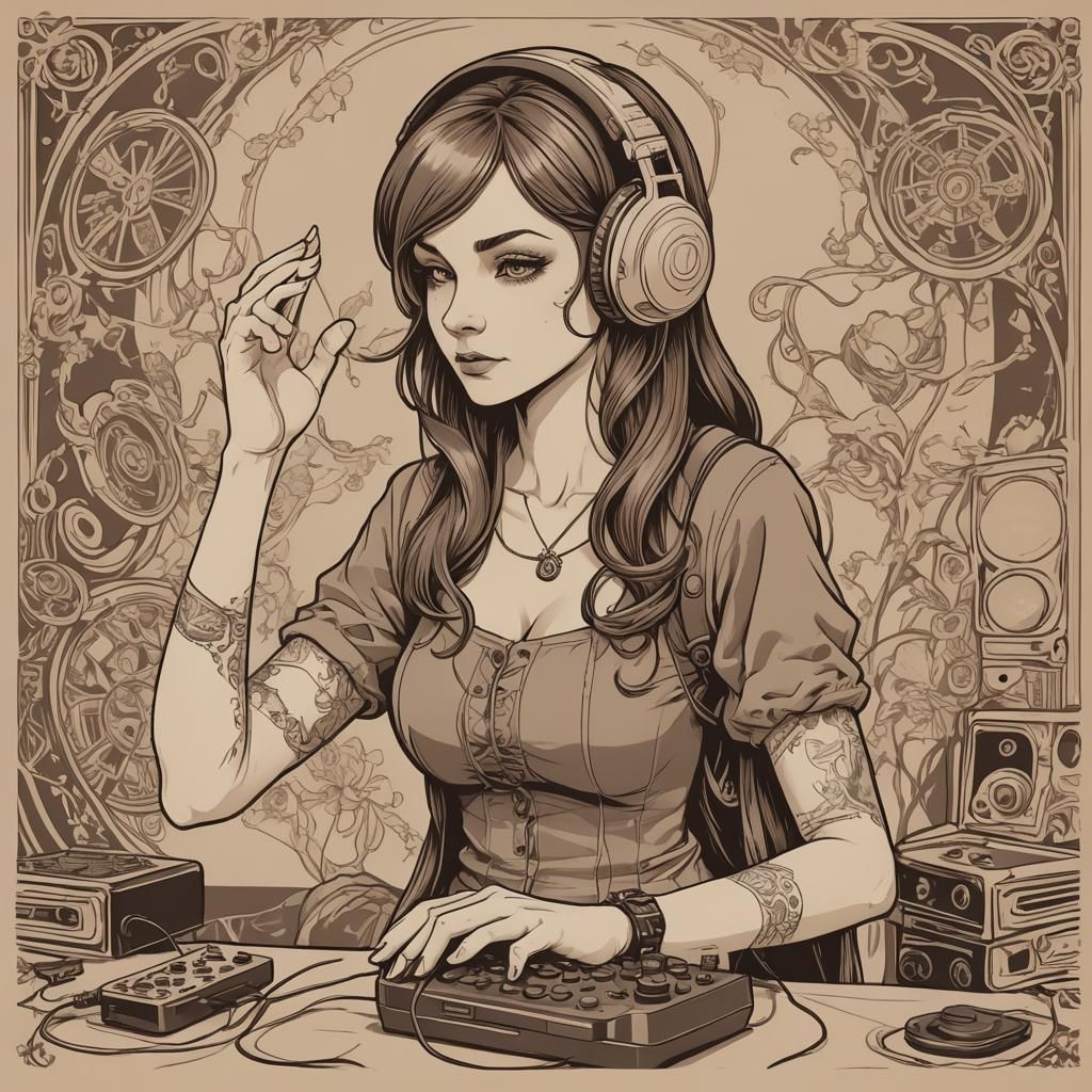 Art Nouveau Witch Playing Video Games