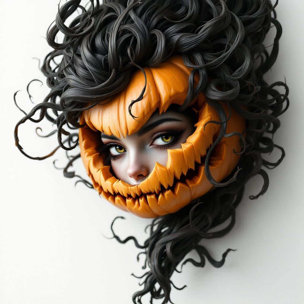 A stunningly detailed, hyper-realistic digital painting of a whimsical Halloween coquette, set against a pristine white ...