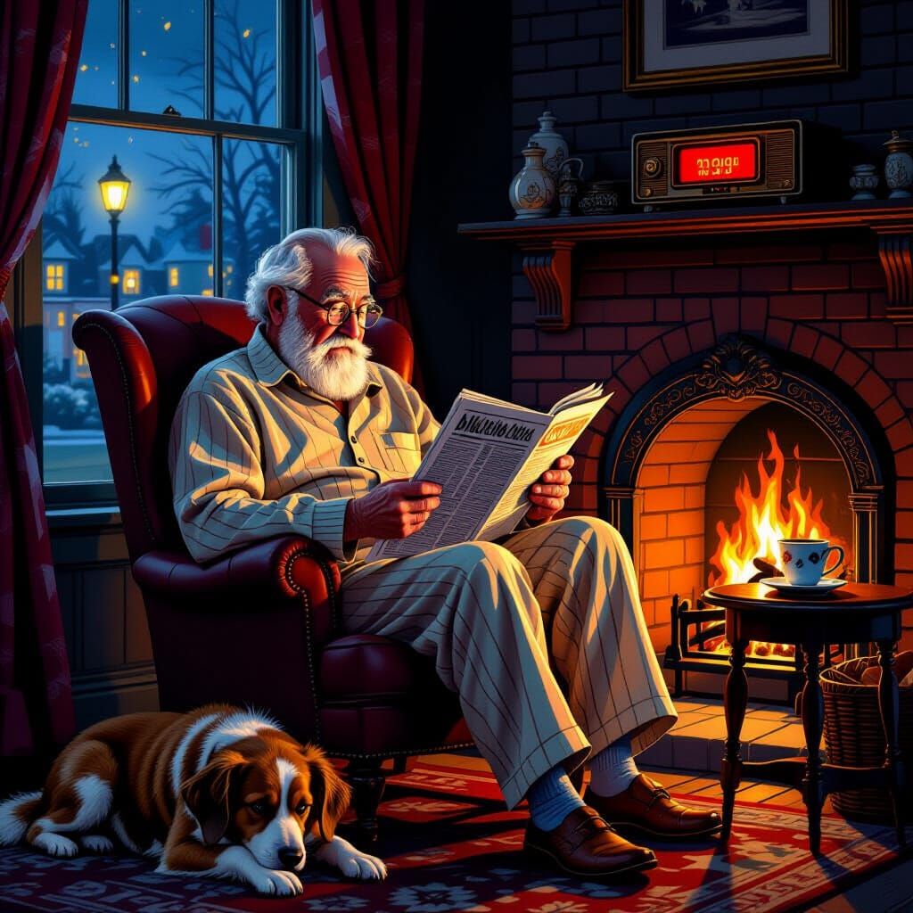 Cozy 1930s Scene: Elderly Man by Fireplace