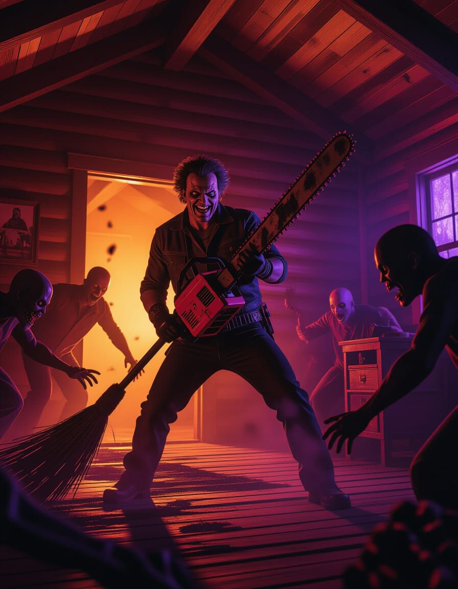 Ash Williams Rides Chainsaw Broomstick Against Deadites