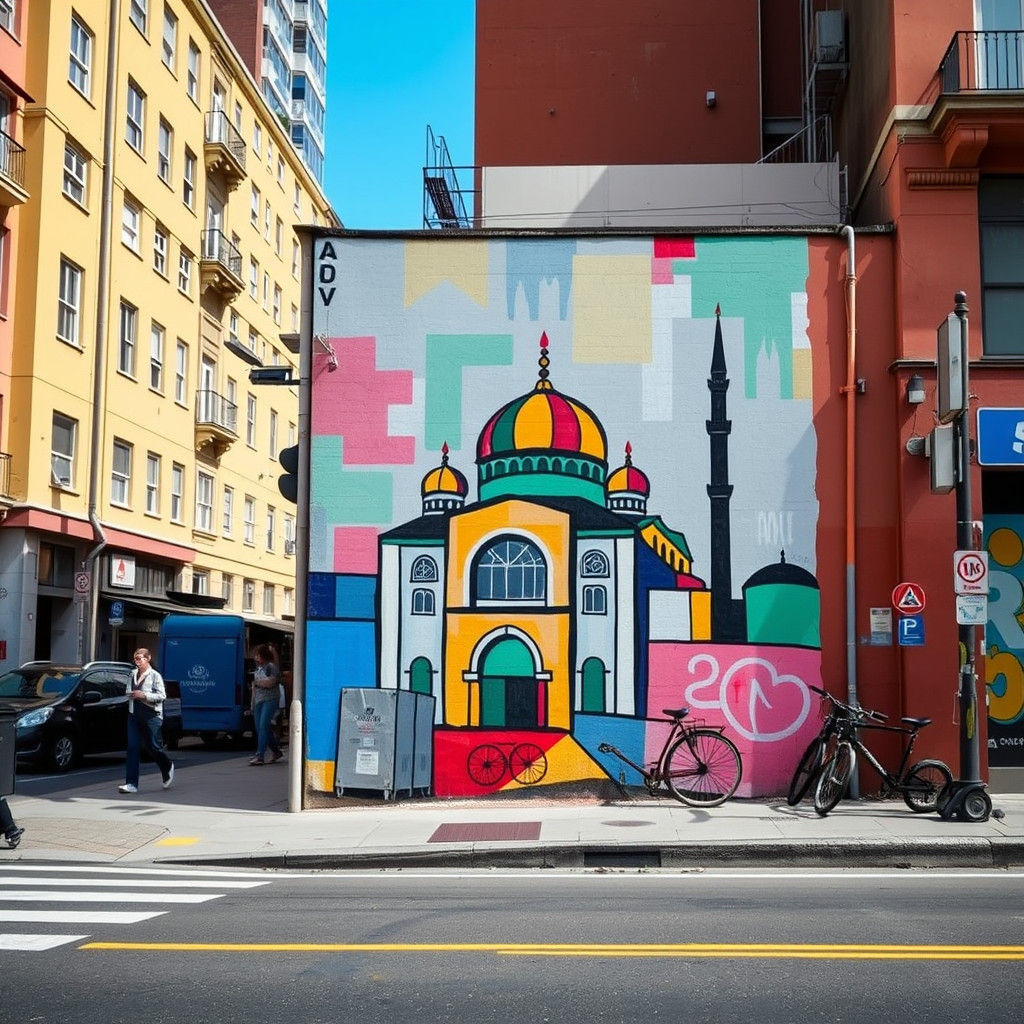 Colorful Mosque Art on Urban Street Wall