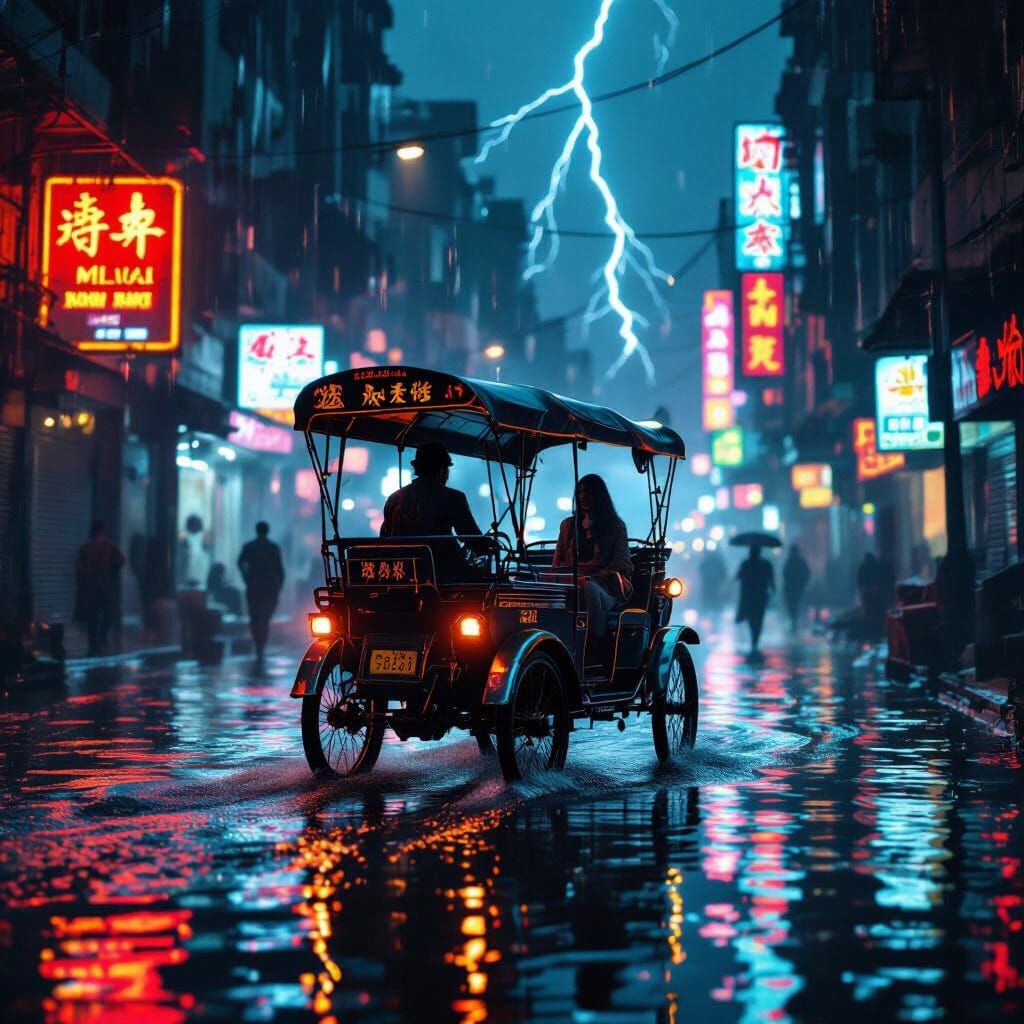 Steampunk Rickshaw Navigates Flooded Cosmic Dhaka Street