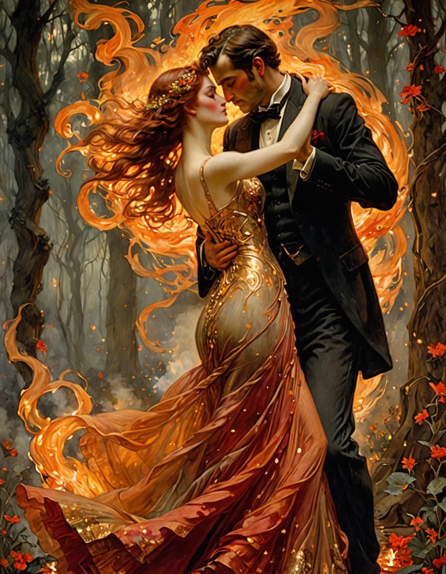 Fiery Dance: A Klimt-Inspired Flame Art