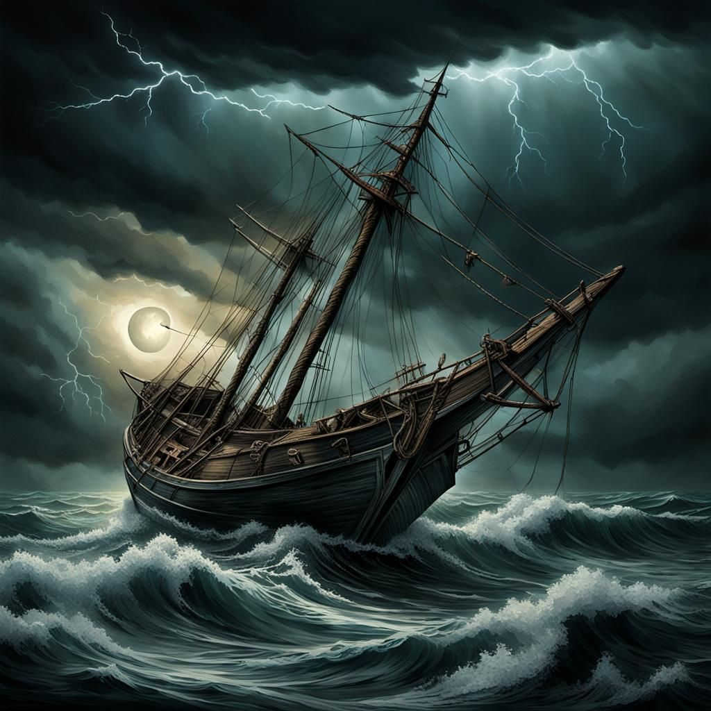 Wrecked Sailboat Adrift in Dark Gothic Storm