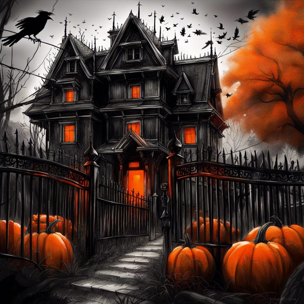 Spooky House Sketch with Pumpkins and Ravens