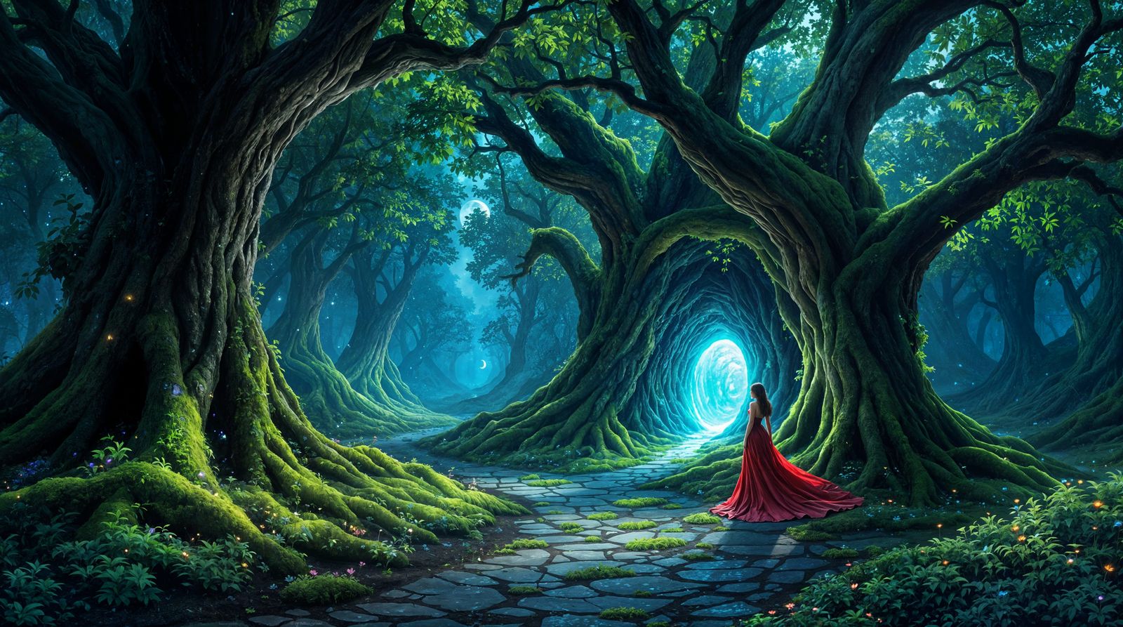 Surreal Forest Scene at Night in Painterly Style