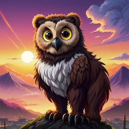Cartoon Anime Bear-Owl Sunset, 80s Movie Poster