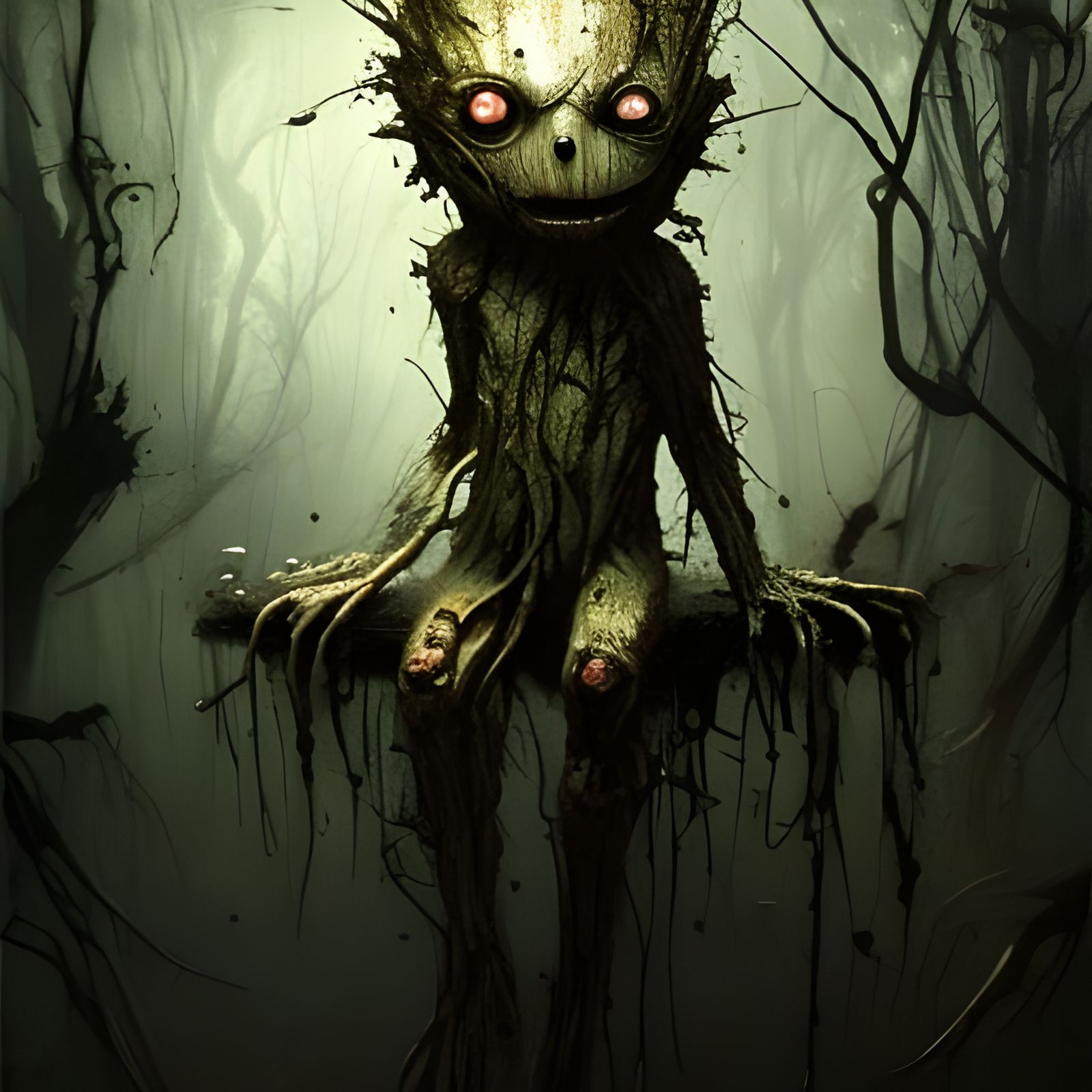 Sinister Chibi Groot in Horror Style