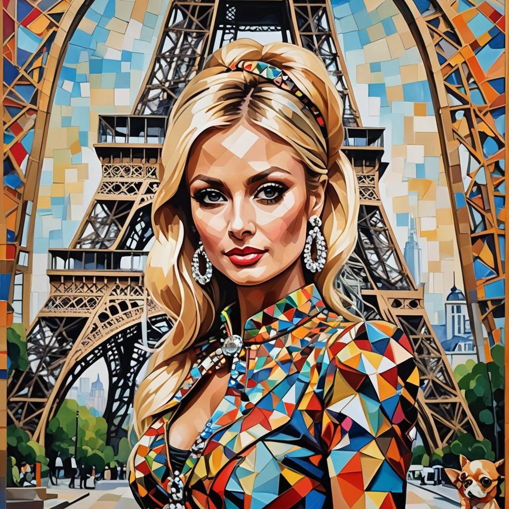 Cubist Paris Hilton Portrait near Eiffel Tower