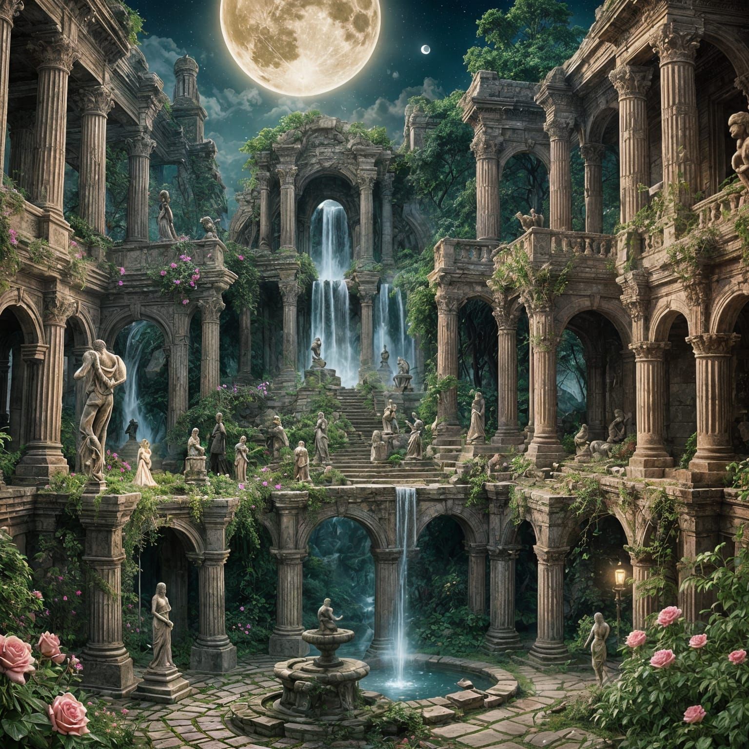 Enchanted Rose Garden in Ruined Temple Under Moonlight