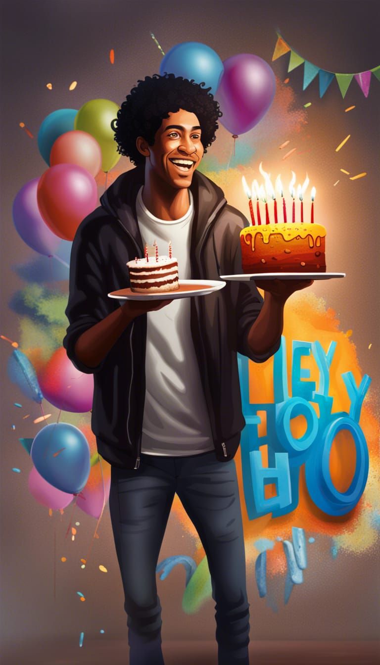 Happy Man with Birthday Cake in Splash Art Style
