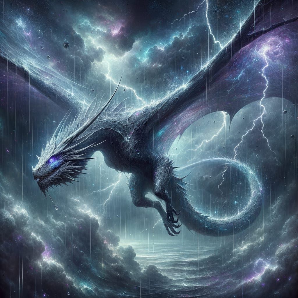 Spectral Dragon Soaring Through Stormy Skies