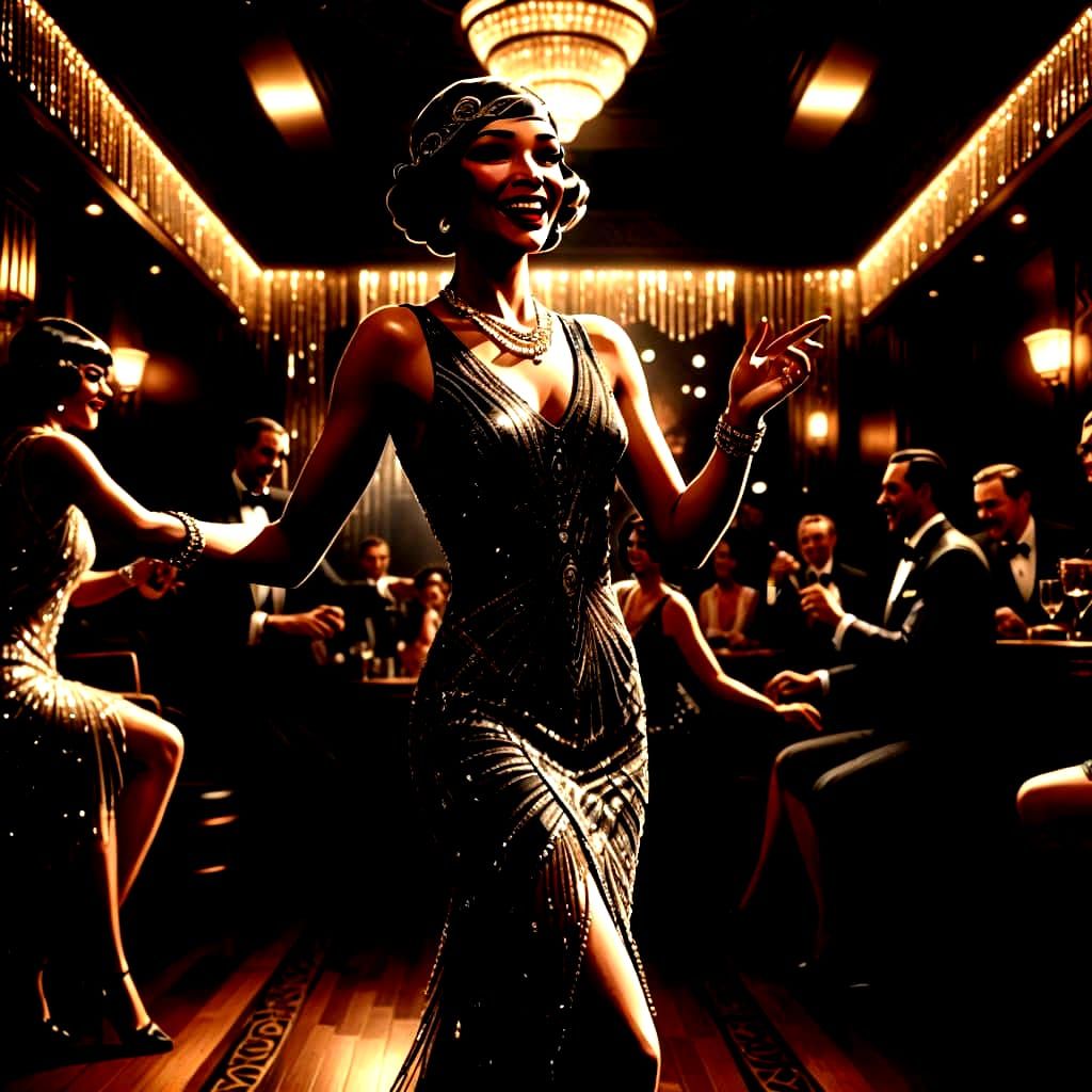 Flapper Girl Dances Charleston in Smoky Jazz Club Art Deco I...
