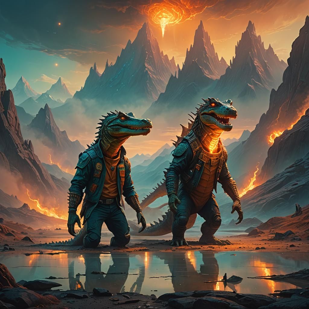 Alien Alligator Man in Otherworldly Landscape