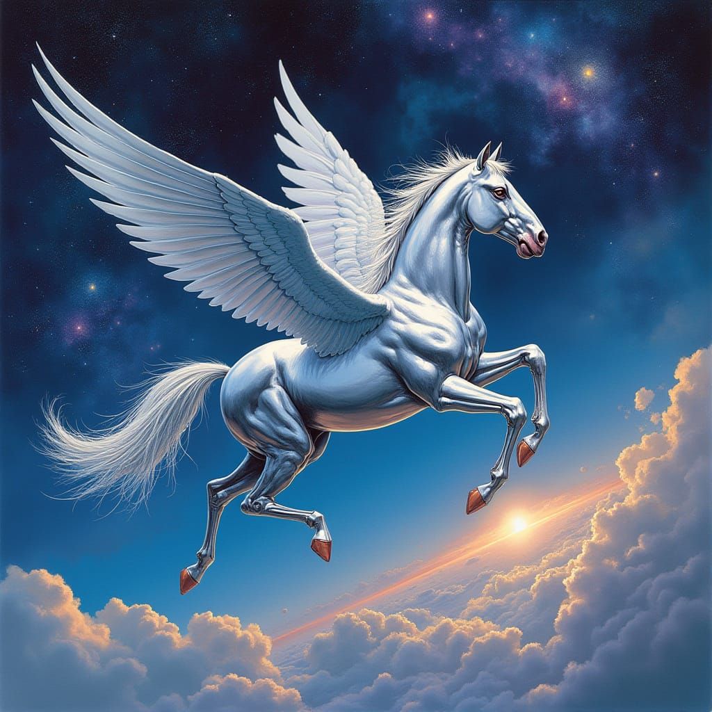 Cyberpunk Pegasus Soars Through Cosmic Nebula