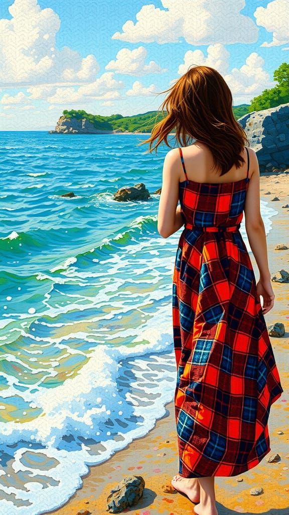 Woman in Seaside Pointillist Landscape