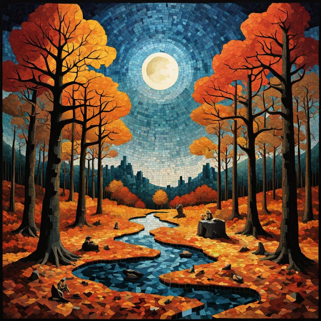 Surreal Autumn Woodland Mosaic with Cosmic Sky