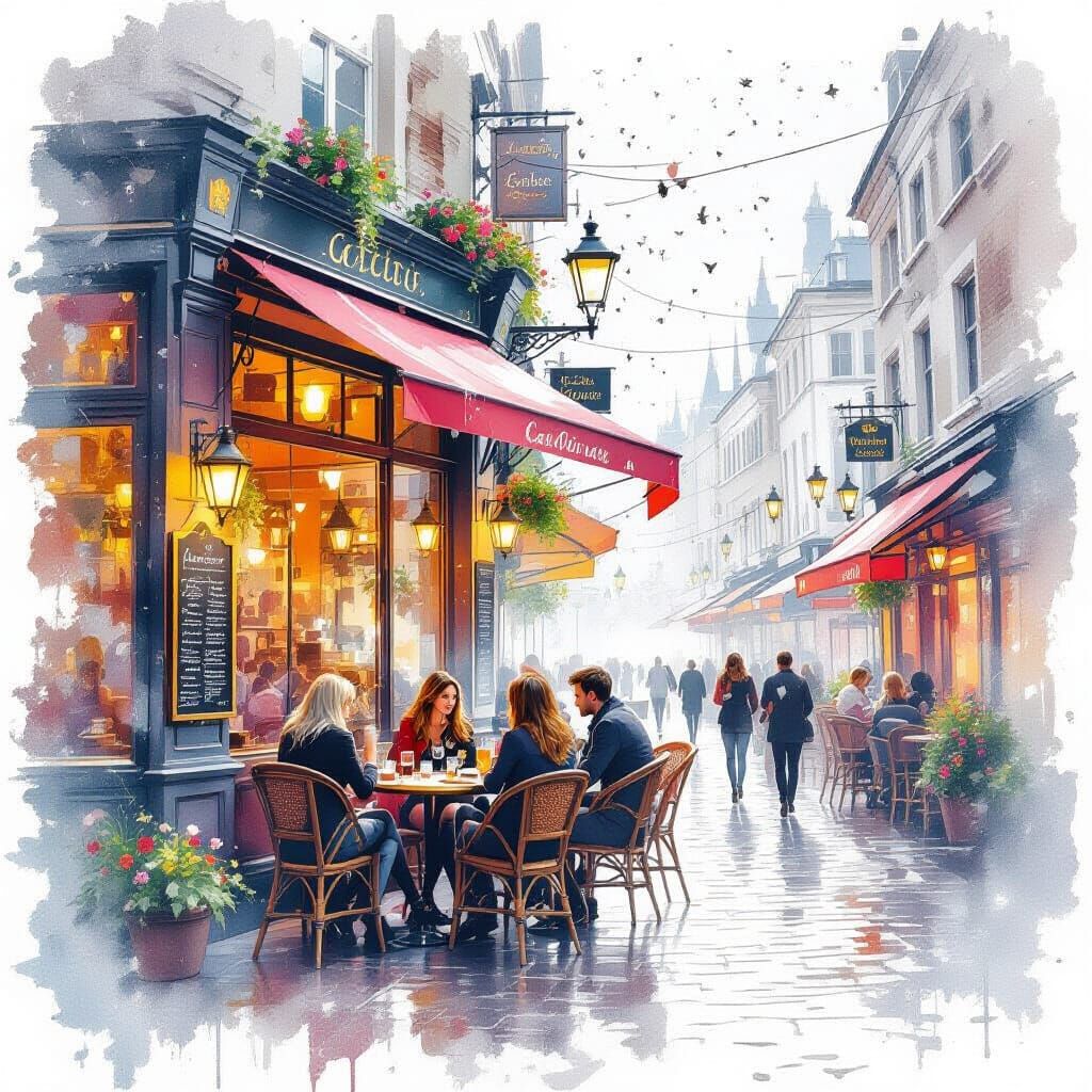 Mysterious Cafe with Watercolour and Cinematic Style