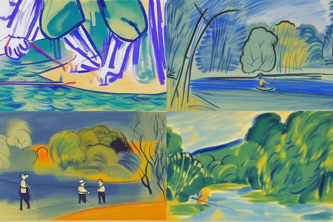 Fly Fishing in River, Fauvist Painting Style