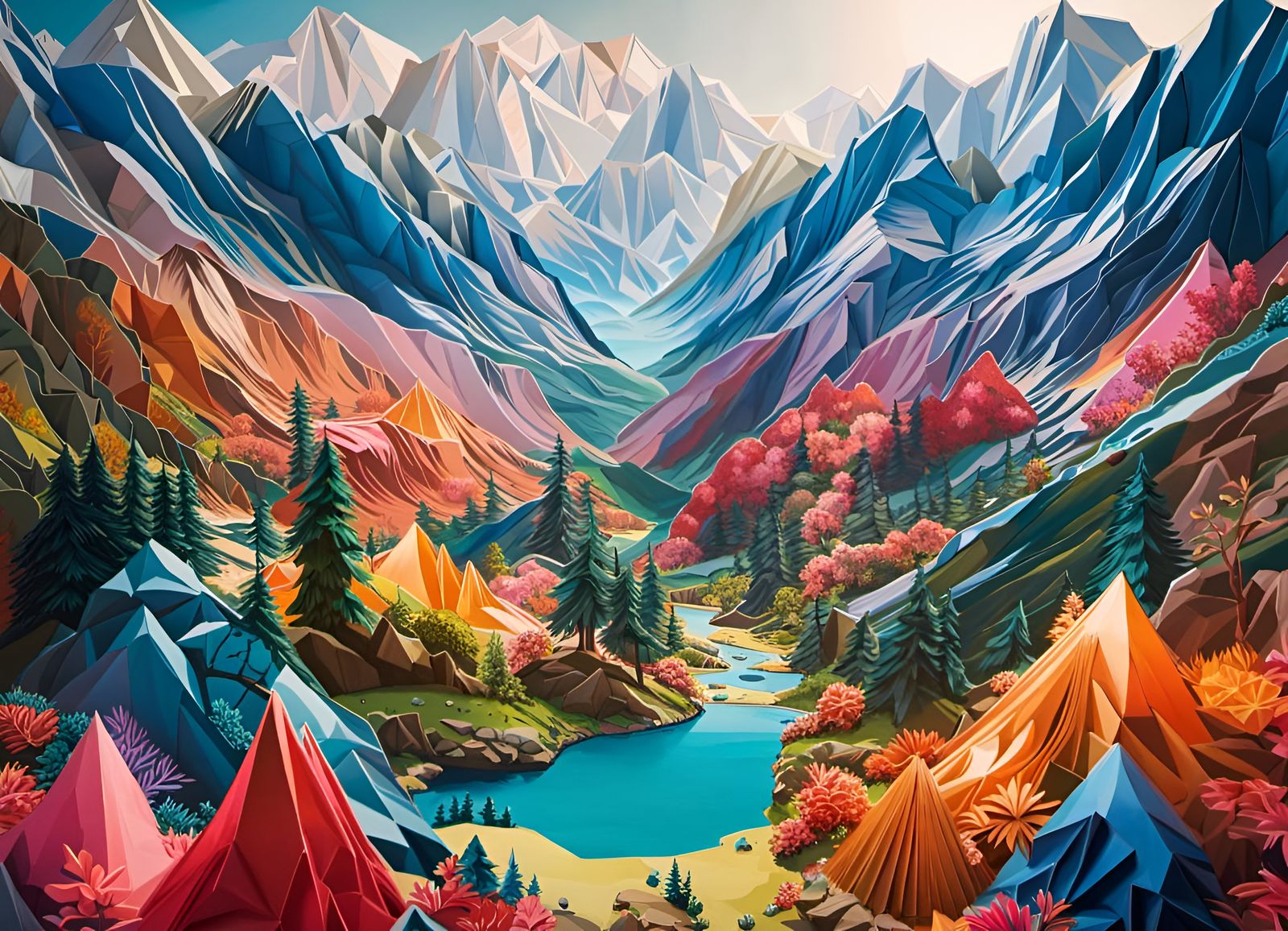 Origami Mountain Landscape in Photorealistic Style