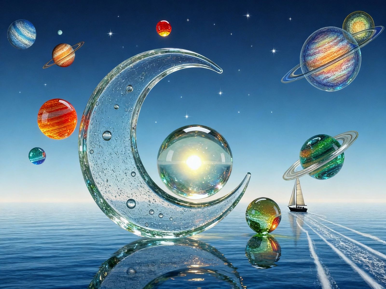 Surreal Glass Seascape With Planets