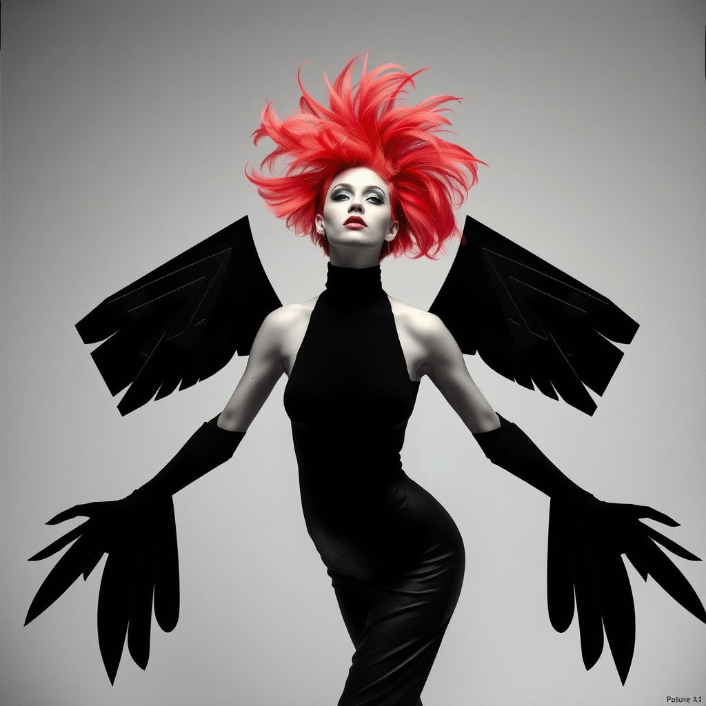 Geometric Winged Model in Dada-Inspired Fashion Photograph