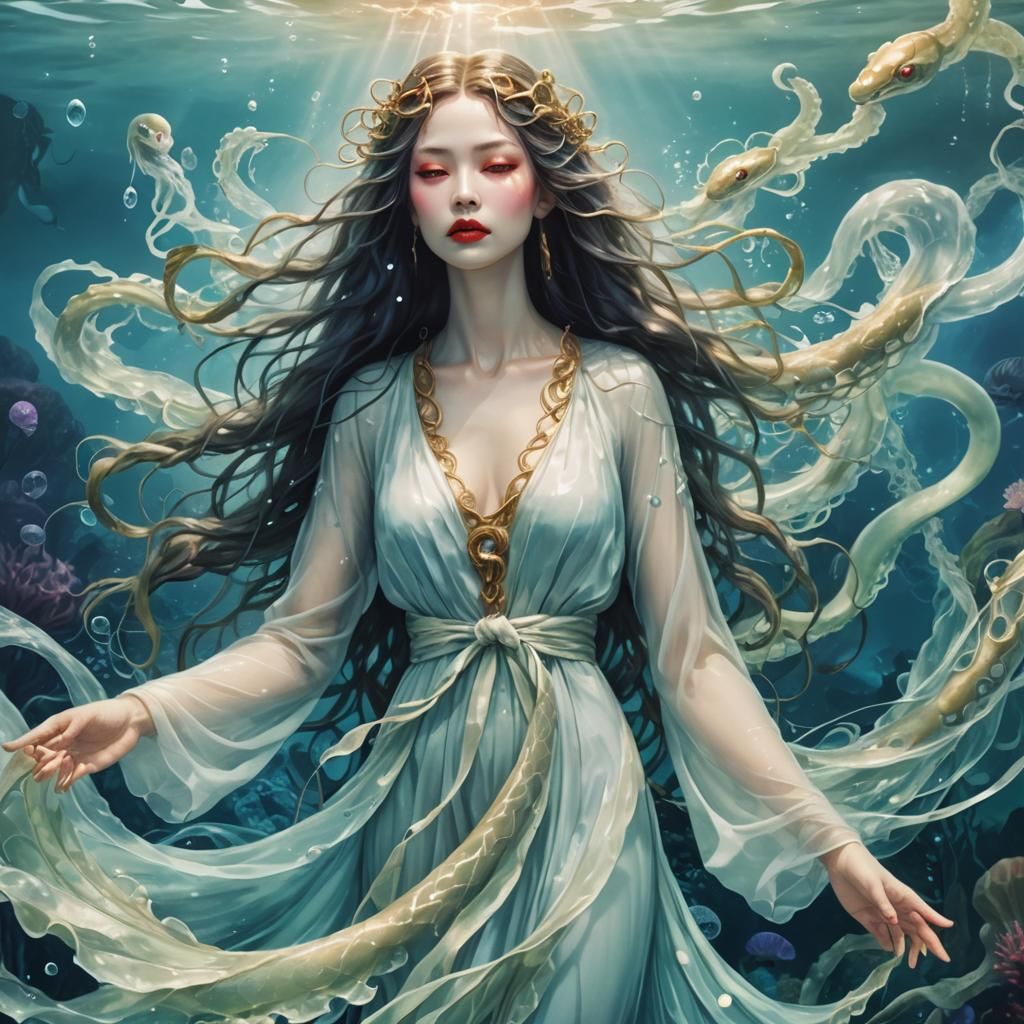 Mystical Water Goddess with Snake Hair: Digital Art