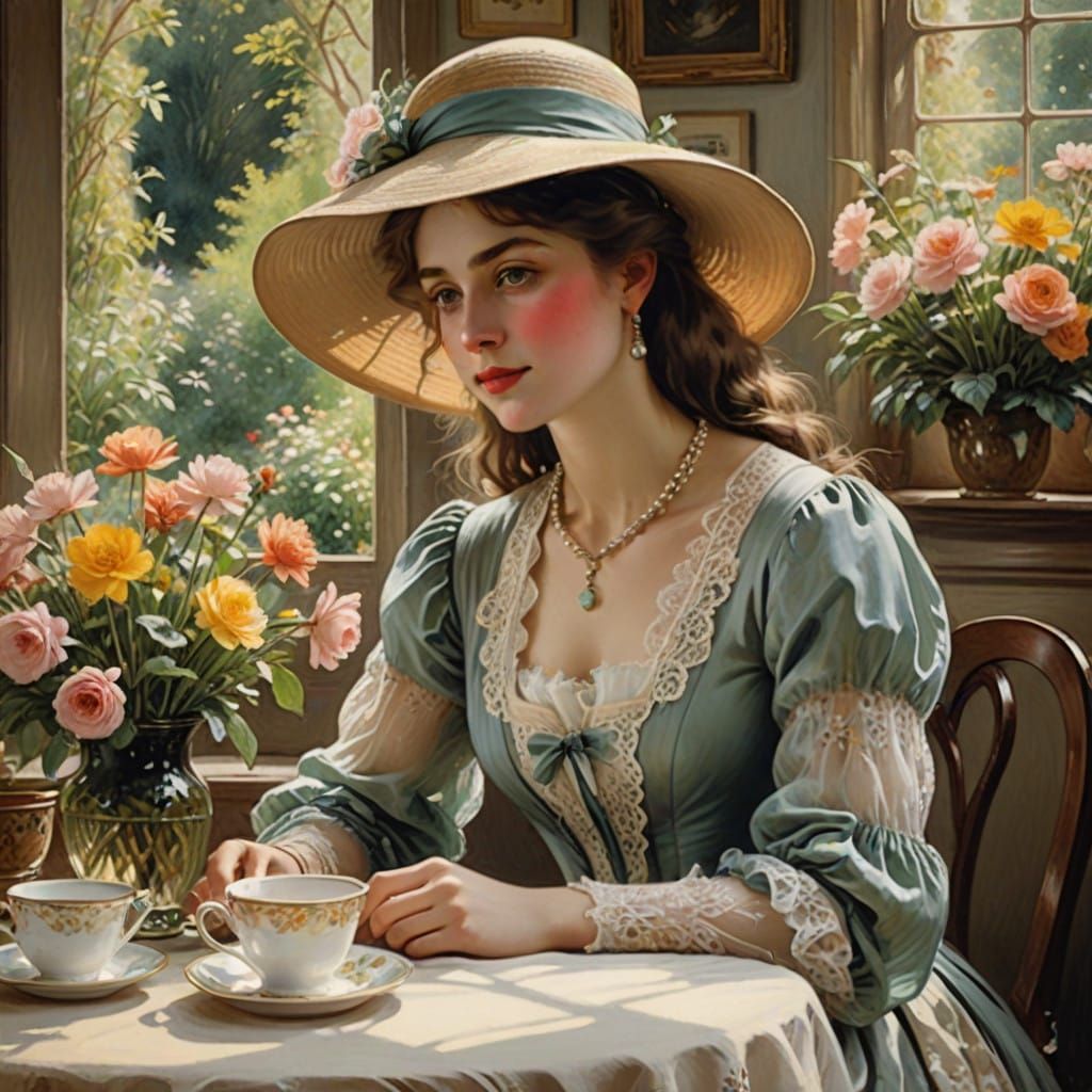 Victorian Lady in a Whimsical Watercolor Cafe Scene