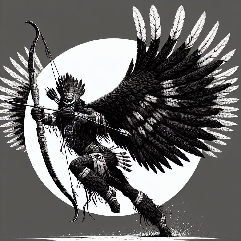 Raven Warrior Illustration in Black and White Style