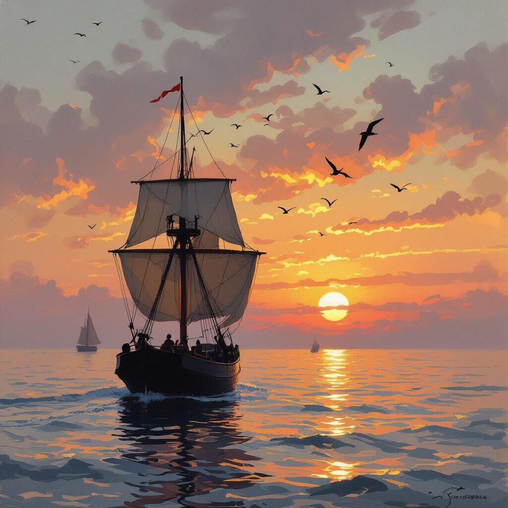 Serene Ocean Sunset with Sailing Ship and Birds