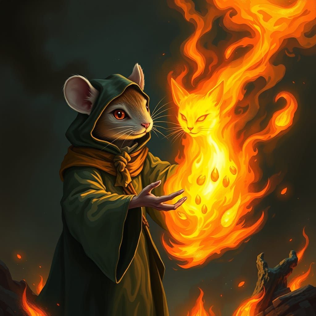 Mouse Wizard Summons Fiery Cat Spirit