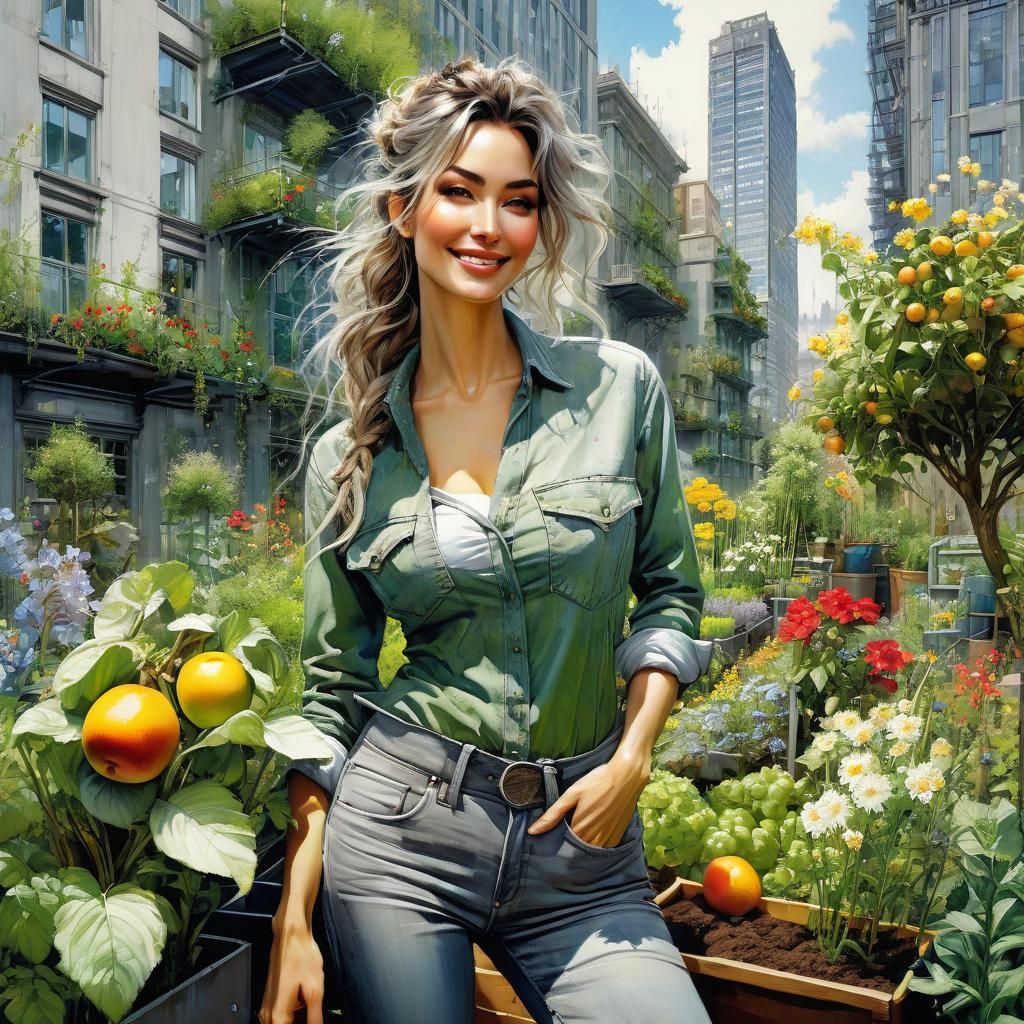 Woman Gardening in Urban Oasis, Anime Style